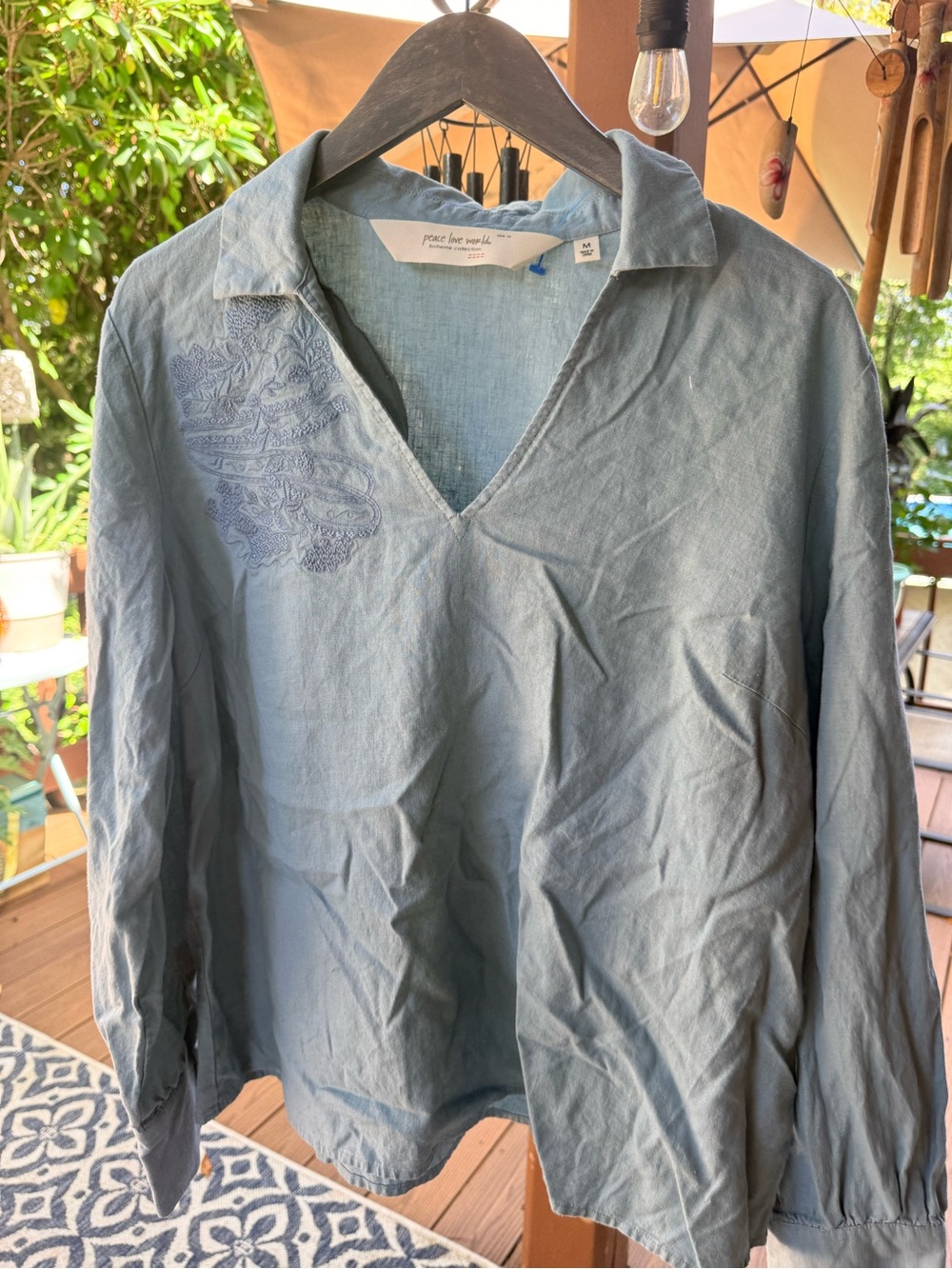 Peace Love World Dusty Blue Women's V-Neck Linen Shirt with Embroidered Detail